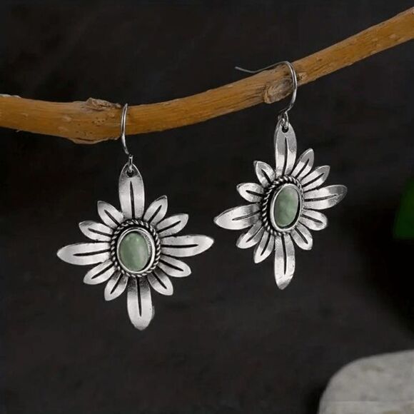 Silver Turquoise Flower Dangle Earrings - Picture 5 of 5